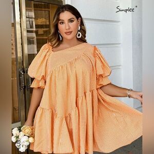 Simplee Plus orang/white seersucker gingham asymmetrical neck tiered ruffle midi